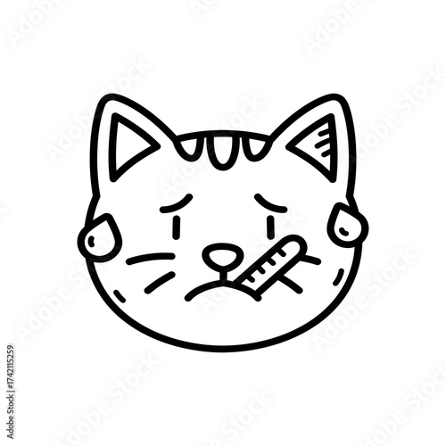 Sad Cat Face with Thermometer Outline on Transparent Background Sick Animal Health Concept Monochrome Illustration Isolated
