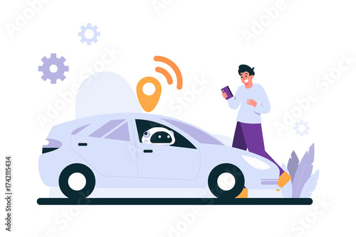 Self Driving Vehicle with Location Pin and Man Holding Phone on Transparent Background