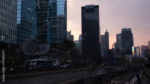 Seoul, South Korea. View of skyscrapers in Seoul, South Korea. Time-lapse during a cloudy sunset evening in spring