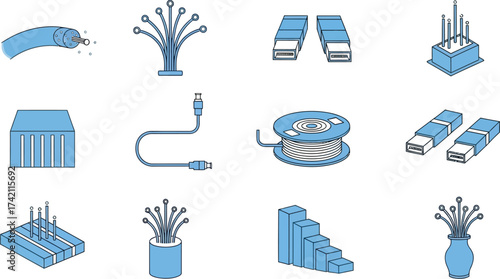 Optical fiber cables and connections vector illustration set editable stock