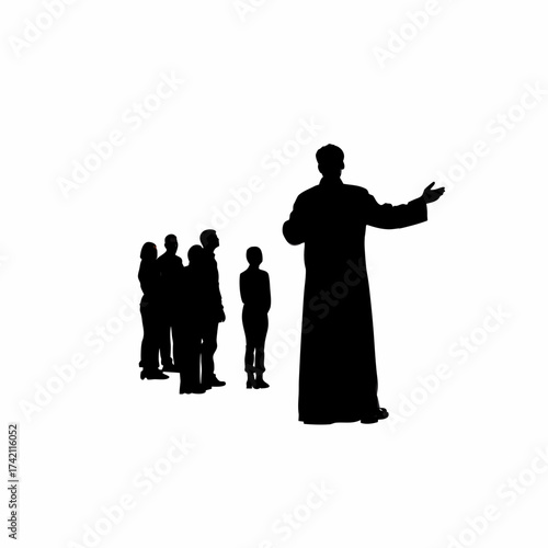 Silhouette of a priest delivering a sermon to a crowd isolated on white background