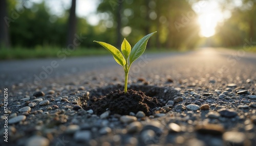 A small green plant sprout growing through a crack in the asphalt, a powerful metaphor for resilience, new beginnings, hope, and overcoming challenges.