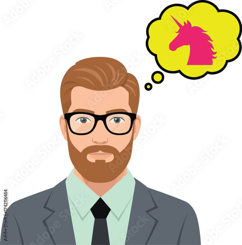 Man dreaming about unicorn startup business success concept editable stock