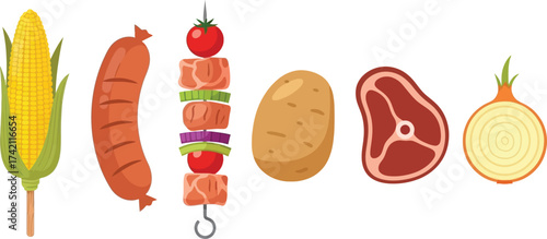 Assorted barbecue foods corn sausage kebab potato steak and onion editable stock