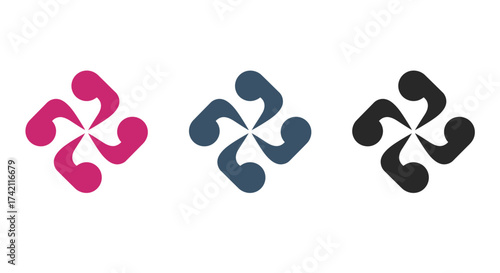 Three abstract floral or pinwheel style designs in varying colors