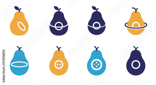 Stylized pear illustrations with various geometric shapes and color schemes