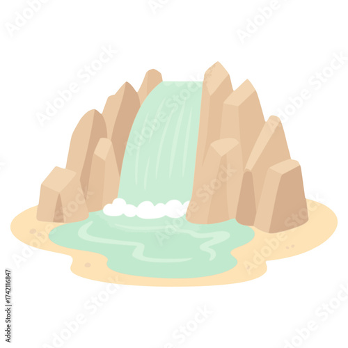 tropical waterfall low level with rocky stone flat color vector illustration template design