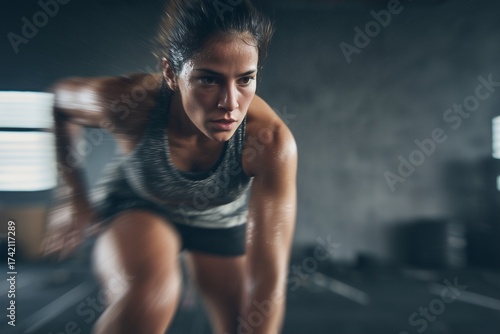 Woman performing burpees in CrossFit gym, motion blur effect, sweat and determination, modern fitness studio, cinematic lighting, horizontal composition
