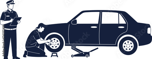 Car repair service tire change inspection vector illustration editable stock
