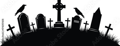 Cemetery silhouette with crows and tombstones vector graphic editable stock