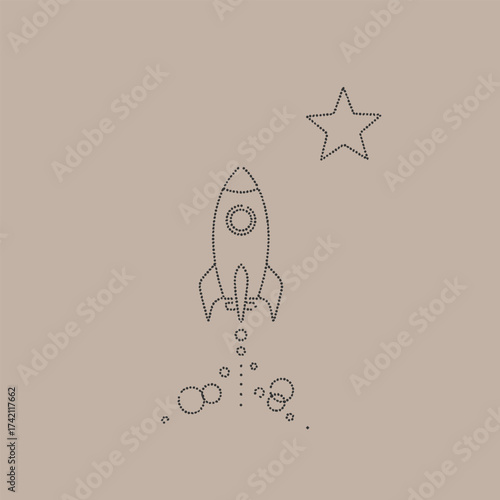 Dotted line drawing of a rocket launching towards a star on a beige with space theme