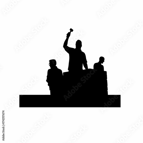 Sculptor chiseling stone silhouette isolated on white background