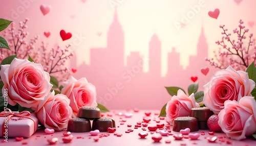 Romantic pink roses chocolates and cityscape background for Valentines Day celebration