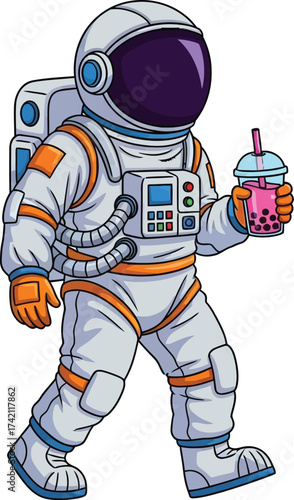 Astronaut with boba tea cartoon vector illustration design editable stock