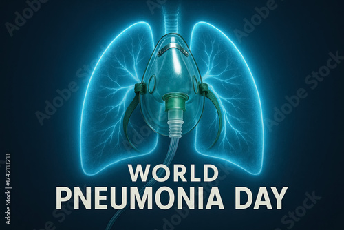 Digital illustration of lungs with oxygen mask for World Pneumonia Day awareness campaign