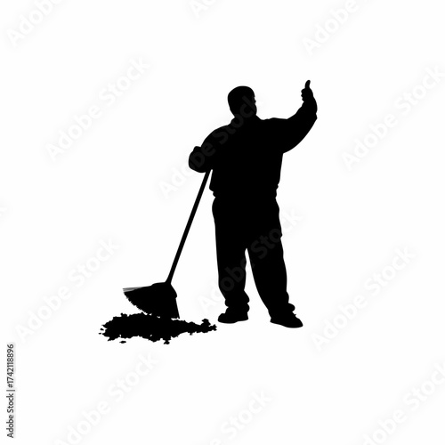 Street sweeper cleaning leaves with broom silhouette isolated on white background