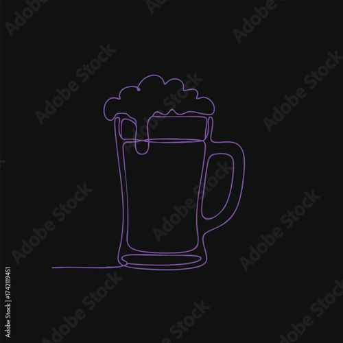 Neon outline of a frothy beer mug glowing against a dark , emphasizing the shape and bubbles of the beverage