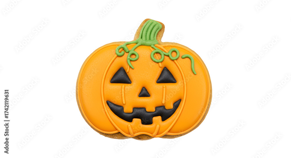 Fototapeta premium Cute Halloween Pumpkin Cookie with Orange and Green Icing on a Gradient Background