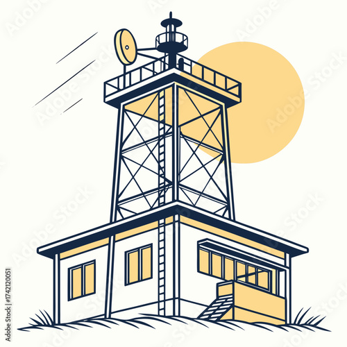 Illustration of a vintage lighthouse communication tower with a rotating beacon, the design is clean and minimalist, evoking a sense of maritime history