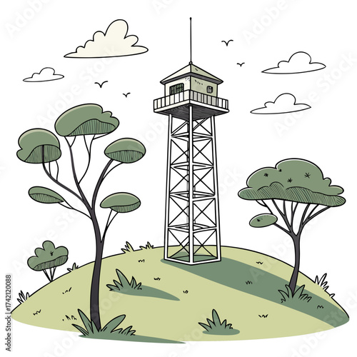 Vector art of a cartoon illustration of a fire lookout tower on a hill surrounded by trees and clouds in the sky, creating a serene and peaceful scene