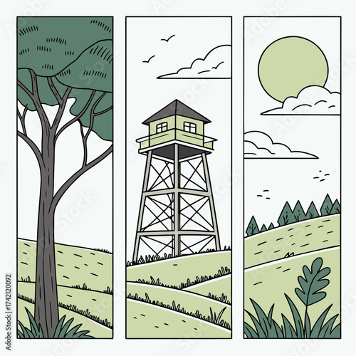 Vector art of three vertical panels depict a tree, a fire lookout tower, and a landscape with a sun, clouds, and trees, all in a simple, cartoon style