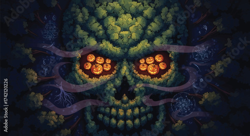 Aerial view of a spooky skull formed by trees and pumpkins, with smoke swirling around it