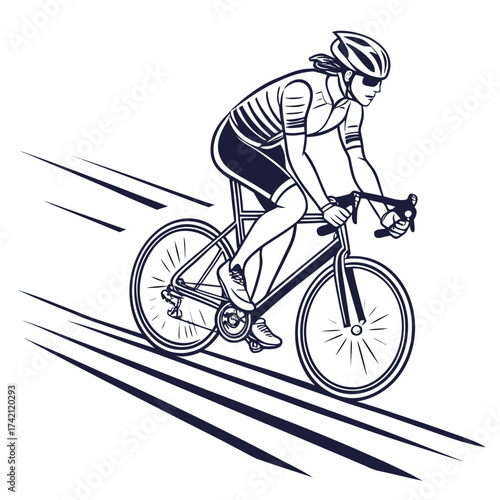 Vector art of a cyclist speeds along a road, the cyclist is wearing a helmet and sunglasses, and is riding a racing bike the cyclist is moving fast, and the wind is blowing