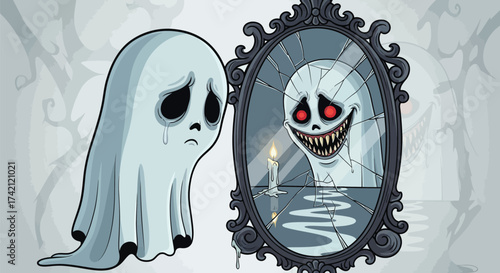 A sad ghost looking at its reflection in a cracked mirror, which shows a terrifying monster with red eyes and sharp teeth