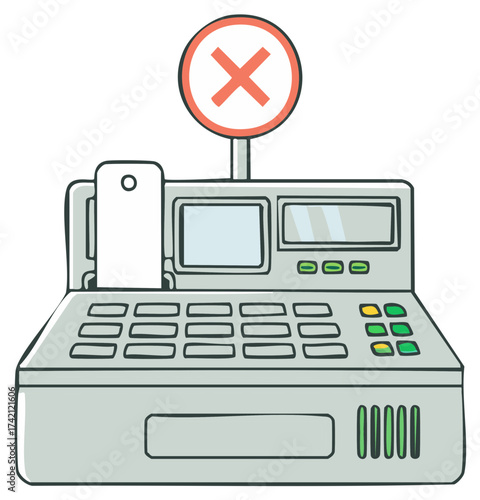 Cartoon cash register with a red cross mark symbolizing a closed checkout or payment error