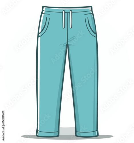 Cartoon illustration of blue track pants, casual clothing with drawstrings and pockets.