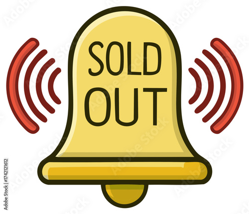 Cartoon Bell with Sold Out Text and Soundwaves Icon Signalling Notification