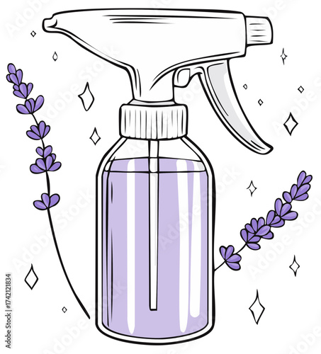 Natural lavender spray bottle with purple liquid hand drawn illustration