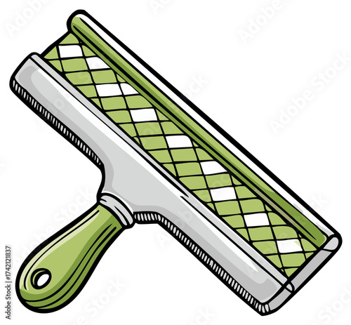 Cartoon window squeegee with green handle for cleaning glass surfaces with diamond pattern design