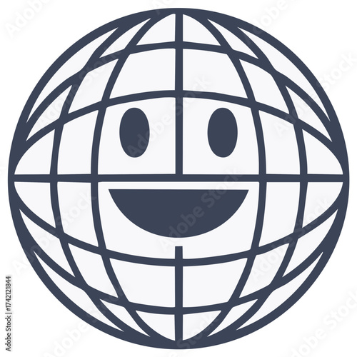 Cheerful earth symbol with grid lines, representing global positivity and connectivity