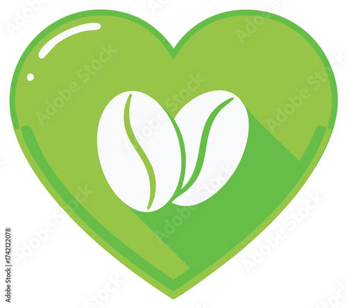 Coffee Bean Pair in Green Heart Shape Flat Design Caffeine Love
