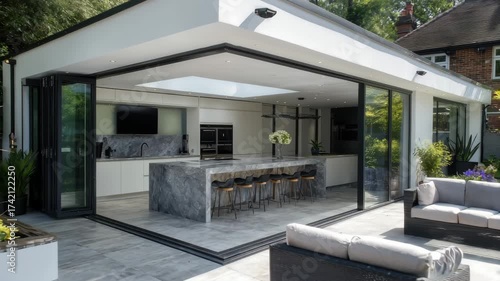 Modern White Kitchen Extension with Gray Marble Island and Folding Glass Doors Opening to Patio Area with Garden Furniture in Sunlight