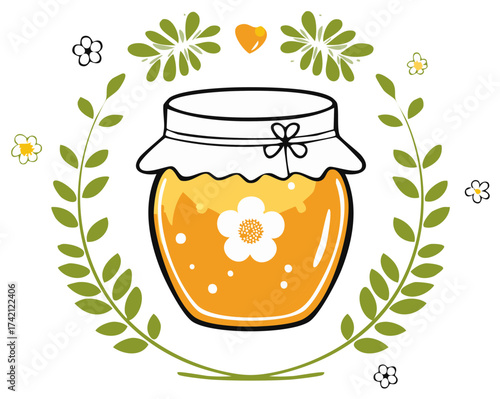 Jar of honey with floral and leaf elements. Sweet and healthy food.
