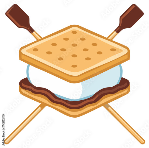Classic s'more dessert with melted marshmallow and chocolate on graham crackers and crossed roasting sticks graphic