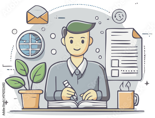 Illustrative artwork of a person writing at a desk with various objects around.
