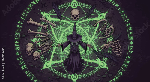 A dark wizard in a pointed hat performing a ritual with a glowing green pentagram, surrounded by bones and skulls