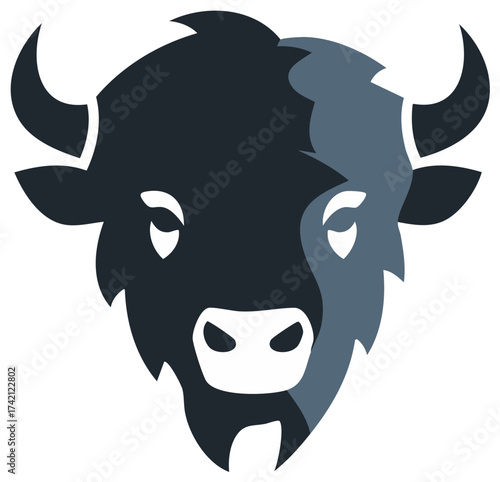 Stylized bison head logo with contrasting dark blue and grey colors