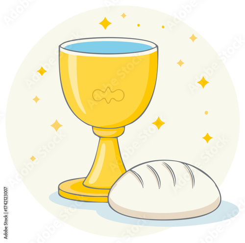 Illustration of Communion Elements: Chalice, Bread, and Sparkles