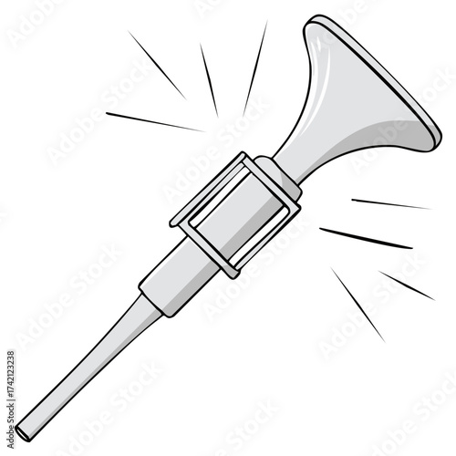 Cartoon illustration of a grey party horn making a loud sound with radiating lines