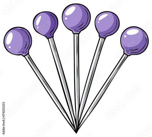 Five vivid purple head sewing pins arranged in a fan pattern essential for crafting and tailoring vector illustration
