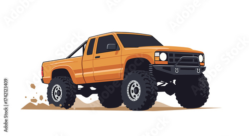 Orange Off-Road Pickup Truck with Oversized Tires and Roll Bar.