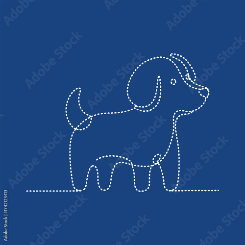 Cute cartoon-style dog with floppy ears and wagging tail, outlined with dotted lines on a solid
