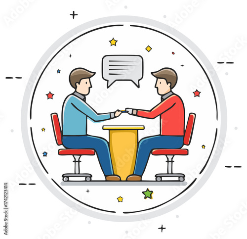 Two men in business attire shake hands across a table with a speech bubble above them