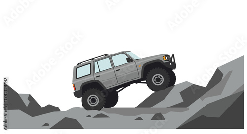 Gray SUV Off-Roading on Rocky Terrain Adventure Vehicle Illustration.