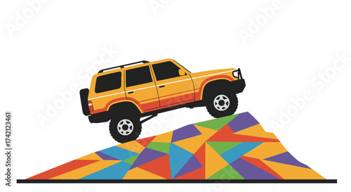 Yellow Off-Road Vehicle Climbing a Colorful Hill Illustration.