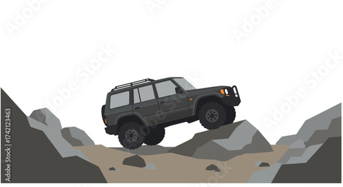 Gray SUV Off-Roading on Rocky Terrain Illustration.